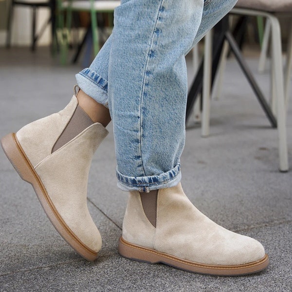 Women's Beige Elastic Short Boots, Women Ankle Shoes, Suede Boots For Winter, Handmade Women's Boots