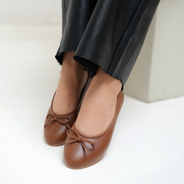 Tan Bow Flats, Slip-on Flats with a Bow Accent, Versatile Flats Elevated with a Bow, Ballerina Flats, Handmade Flats, Women's Flats