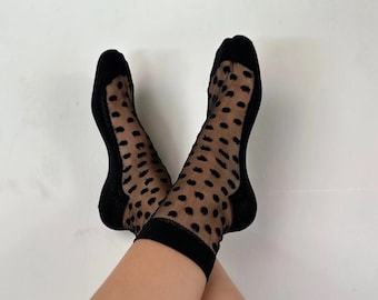 Women Transparent Polka Dot Patterned Socks, Tulle Socks, Cute Breathable Socks, Comfortable Casual Socks