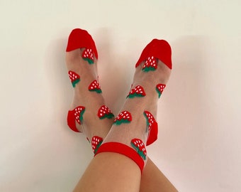 Women Transparent Strawberry Patterned Socks, Tulle Socks, Cute Breathable Socks, Comfortable Casual Socks