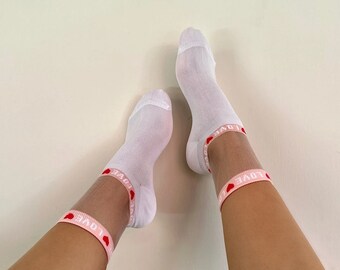 Women Transparent White And Black Love Patterned Socks, Tulle Socks, Cute Breathable Socks, Comfortable Casual Socks