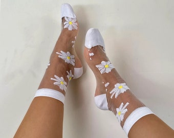 Women Transparent Daisy Patterned Socks, Tulle Socks, Cute Breathable Socks, Comfortable Casual Socks