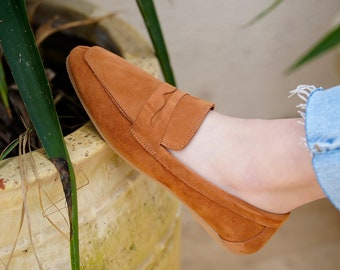 Chaussures plates faites main en cuir véritable marron clair, Chaussures en cuir véritable souples, Chaussures plates faites main personnalisées quotidiennes