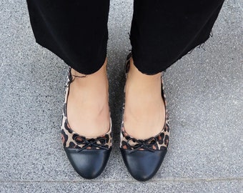 LEOPARD SUEDE-LEATHER Bow Detailed Ballet Flats, Bow Detailed Black Round Toe Ballet Flats, Handmade Leopard Casual Flats, Short Heeled Flat