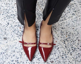 BURGUNDY MARY JANE, Pointed Toe Buckle Detailed Ballerinas, Shoes with Stripe Detail, Retro Strap Mary Janes, Women's Casual Flat