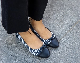 ZEBRA-LEATHER BOW Detailed Ballet Flats, Bow Detailed Black Round Toe Ballet Flats, Handmade Zebra Casual Flats, Short Heeled Shoes