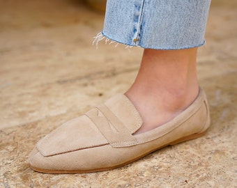 Beige Genuine Leather Handmade Flat Shoes, Soft Genuine Leather Shoes, Daily Custom Handmade Flat Shoes