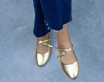 GOLD CROSS STRAP,  Women Cross Strap Flats, Ballerina Flats, Women Gold Wedding Flats Shoes, Gift For Her