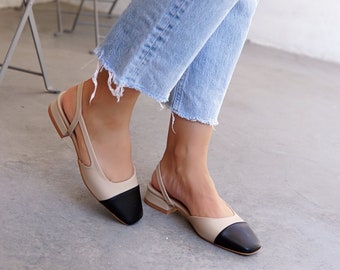 Beige Vegan Leather Women's Flats, Casual Flats, Short Heeled Women's Shoes, Unique Design Flats