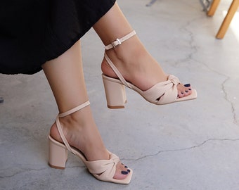 Beige Knot Detailed Thick Heel Shoes, Block Heel Shoes, Wedding Shoes, Fabric Detailed Heeled Shoes, Special Day Shoes