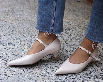 TACONES DE GATITO BEIGE, Zapatos de tacón de novia blancos con punta puntiaguda, zapatos con detalle de rayas, planos casuales para mujer, regalo para ella