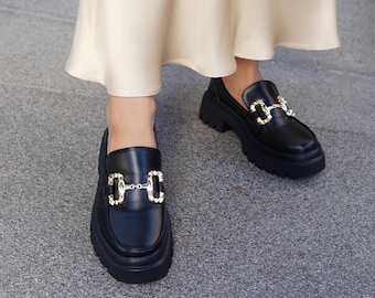 Mocasines de accesorios Trok negros hechos a mano para mujer, zapatos de cuero, zapatos Oxford casuales, zapatos de cuero suave, zapatos casuales, zapatos sin cordones, mocasines
