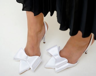 White Satin Heeled Shoes, Handmade White Bow Heeled Shoes, Ankle Strap Wedding Shoes, Gift for Lover, Bridal Shoes