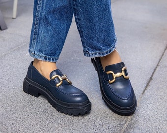 Handmade Women's Navy Blue Leather Gold Buckle Detailed Loafers, Leather Shoes, Casual Oxford Shoes, Soft Leather Shoes, Casual Shoes