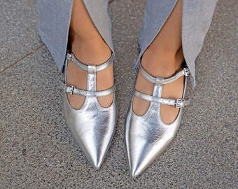 SILVER LEATHER MARYJANE, T-Strap Mary Jane Shoes, Strap Detailed Shoes, Low Heels, White Vegan Leather Heels, Women's Casual Flat
