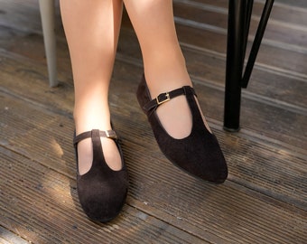 Brown Genuine Leather Handmade Ballerinas, Soft Genuine Leather Shoes, T-strap shoes, Buckle detailed ballerinas, Casual Ballerinas