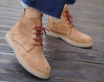 Women's Lace-Up Short Suede Boots,  Women Ankle Shoes, Suede Boots For Winter, Handmade Women's Boots