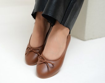 Tan Bow Flats, Slip-on Flats with a Bow Accent, Versatile Flats Elevated with a Bow, Ballerina Flats, Handmade Flats, Women's Flats