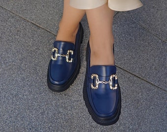 Handmade Women's Navy Blue Trok Accessory Loafers, Leather Shoes, Casual Oxford Shoes, Soft Leather Shoes, Casual Shoes, Slip On Shoes