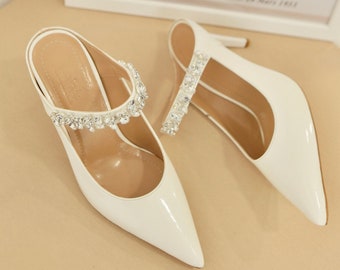 White Patent Leather Stone Detailed Bridal Special Design Heeled Shoes,Wedding Shoes,Crystal Stone Heeled Slippers