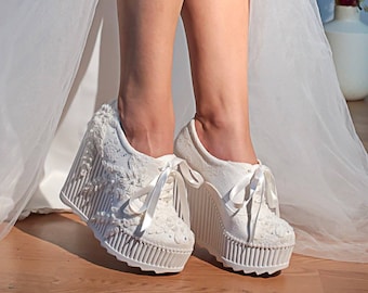 Sport Wedge Heel White Lace Bridal Shoes,Wedding Shoes,Closed Wedge Heel Bridal Shoes