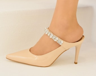 Bridal Shoes, Wedding Shoes, Beige Patent Leather High Heels, Stone Heeled Slippers, Special Day Model