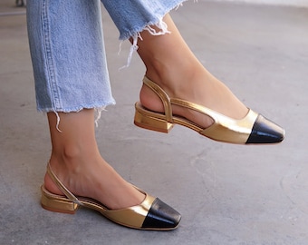 Gold Shiny Vegan Leather Women's Flats, Daily Flats, Short Heeled Women's Shoes, Unique Design Flats