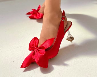 Red Bow Detailed Heeled Shoes, Bridal Shoes, Wedding Shoes, Special Occasion Shoes