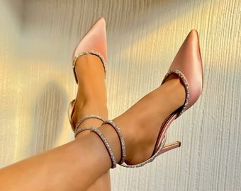 Pink Satin Special Occasion Shoes, Wedding Shoes, Bridal Shoes, Stone Ankle Clad Heeled Shoes,