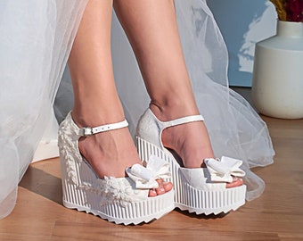 Zapatos de novia deportivos con tacón de cuña, zapatos de boda, zapatos de tacón con plataforma blanca