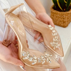 Princess Beige Transparent Flower Heeled Shoes.Special Design Shoes.Wedding Shoes.Cinderella Bridal Shoes