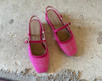 Tweed Detailed Fuchsia Short Heeled Flats, Open Back Flat Square Toe Shoes, Sandals, Flat Shoes, Gift for Her