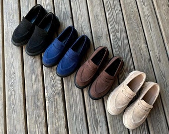 Mocassins pour femmes faits à la main, chaussures en daim en cuir plat, chaussures décontractées, chaussures décontractées en cuir souple, mocassins bleu marine-marron-beige-noir-brun clair