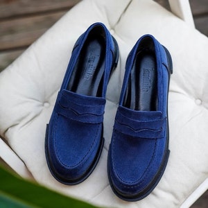 Handmade Men Navy blue suede Loafer shoes, Men suede casual driving shoes