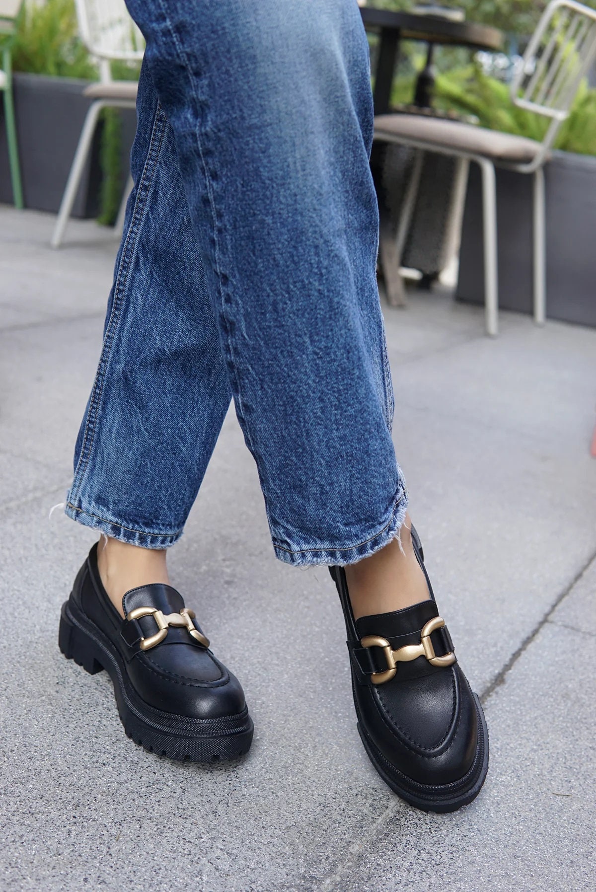 Womens black loafers with gold buckle sales