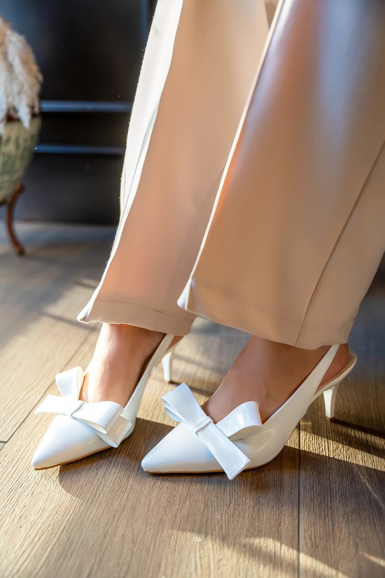 White Patent Leather Shoes, Handmade Heels, Bow-Tied Chic Heels, Ankle Strap Wedding Shoes, Valentines Day Gift, Shiny Finish Shoes, Bride image 3