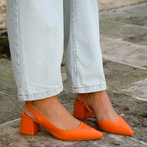 Orange Backless Short Thick Heeled Shoes, Wedding Shoes, Special Occasion Shoes, Special Production Leather Heeled Shoes image 3