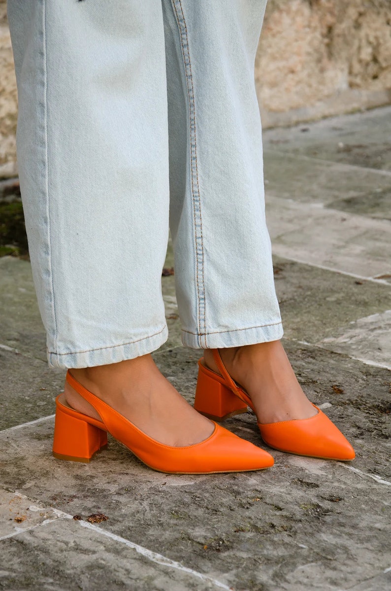 Orange Backless Short Thick Heeled Shoes, Wedding Shoes, Special Occasion Shoes, Special Production Leather Heeled Shoes image 3