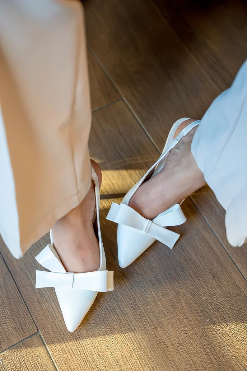 White Patent Leather Shoes, Handmade Heels, Bow-Tied Chic Heels, Ankle Strap Wedding Shoes, Valentines Day Gift, Shiny Finish Shoes, Bride image 1