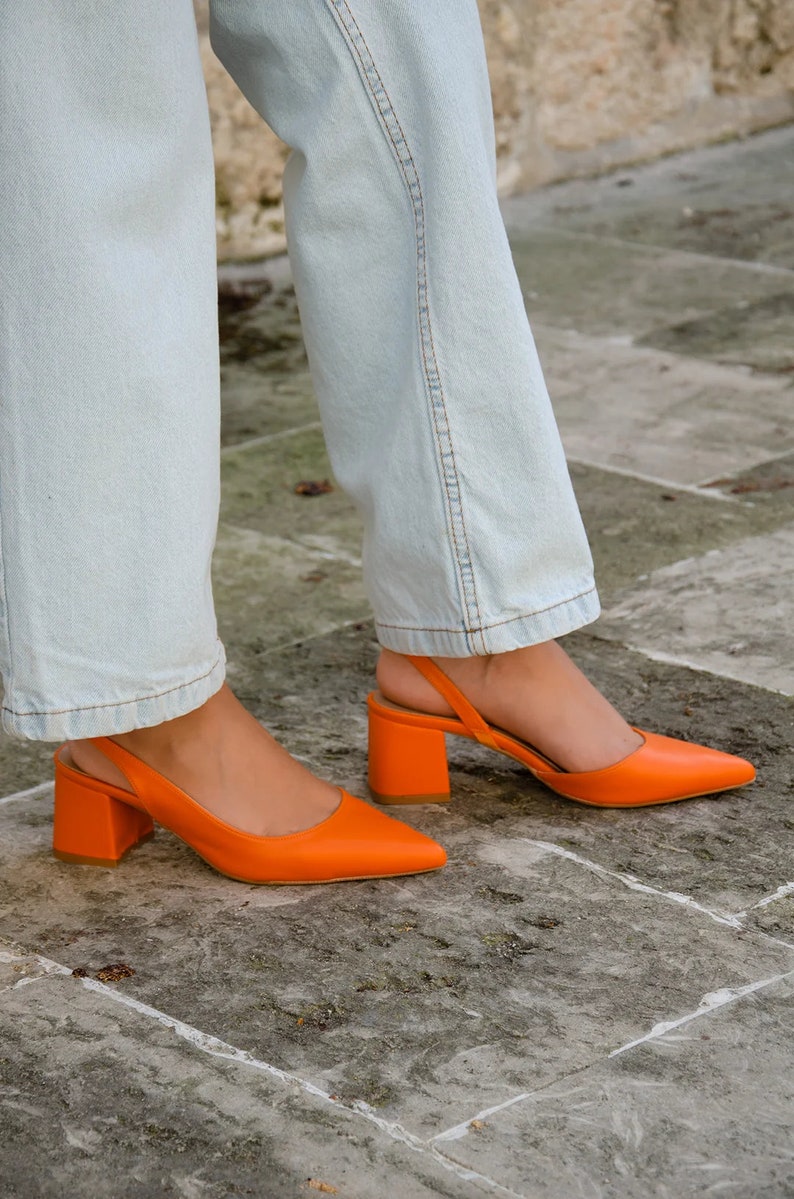 Orange Backless Short Thick Heeled Shoes, Wedding Shoes, Special Occasion Shoes, Special Production Leather Heeled Shoes image 2