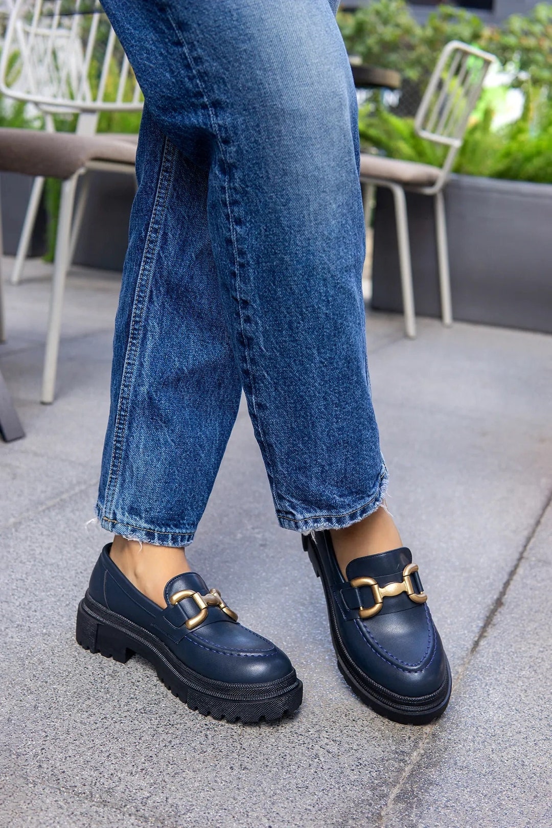 Handmade Women's Navy Blue Leather Gold Buckle Detailed Loafers ...