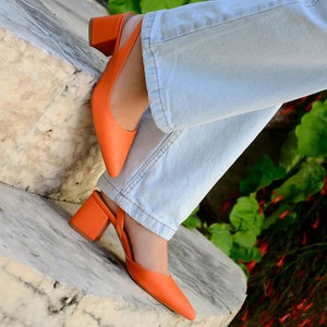 Orange Backless Short Thick Heeled Shoes, Wedding Shoes, Special Occasion Shoes, Special Production Leather Heeled Shoes image 4