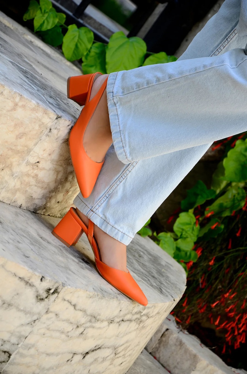 Orange Backless Short Thick Heeled Shoes, Wedding Shoes, Special Occasion Shoes, Special Production Leather Heeled Shoes image 4