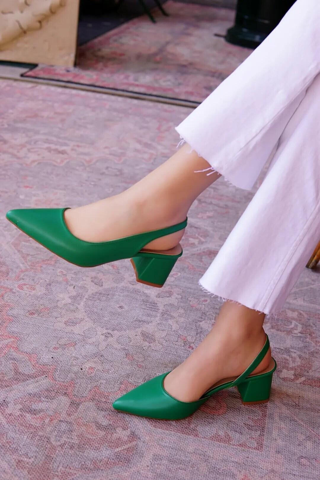 Green Chunky Heeled Shoes, Wedding Shoes, Vegan Leather Bridal Shoes
