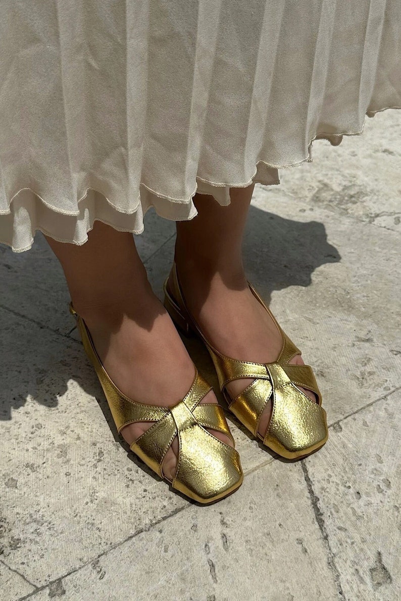 GOLD KOMFORTABLE SCHUHE, faltige Lackleder Klassische Kurze Absatz Damenschuhe, Boho Damen Lässige Flache Lederschuhe, Geschenk für Sie Bild 4