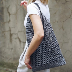 Net Bag in Black, Crochet Tote, Summer Tote Bag, Straw Mesh Bag, Handmade Shoulder bag, Natural Crochet Bag, Waxed Cotton Tote, Bohemian bag Gray