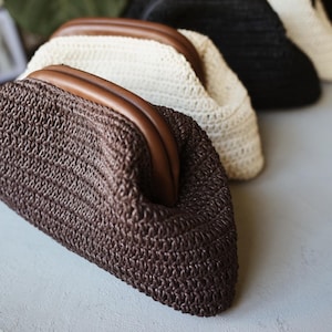 Crochet Clutch Bag, Handmade Bag, Leather detail Brown Bag, Gift, Handbag, Straw Pouch, Hand knit accessory, Woven bag, Valentines Day Gift