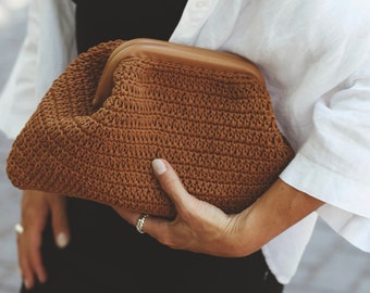 Crochet Bag, Handmade Bag, Leather detail Clutch, Tan Handbag, Gift idea, Straw Pouch bag, Hand knit accessory, Woven pouch bag, Brown Bag