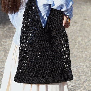 Net Bag in Black, Crochet Tote, Summer Tote Bag, Straw Mesh Bag, Handmade Shoulder bag, Natural Crochet Bag, Waxed Cotton Tote, Bohemian bag image 1