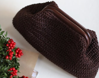 Crochet Bag, Handmade Bag, Leather detail Clutch, Brown Bag, Gift For Her, Handbag, Straw Pouch, Hand knit accessory, Woven pouch bag, mom